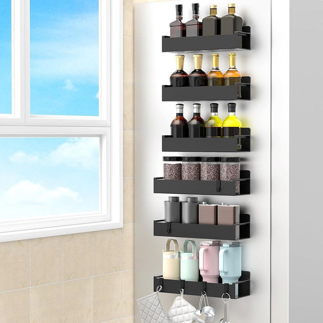 HuggieGems 6 Pack Magnetic Spice Rack Organizer for Refrigerator and Oven, Black Fridge Organizers and Storage for Kitchen