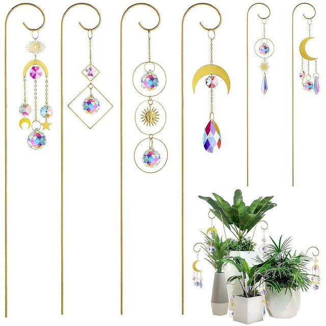 HDCRYSTALGIFTS 6 Pack Small Trellis for Potted Plants Indoor with Colorful Crystal Sun Catcher, 13.5'' Metal Plant Stake Suncatchers for Mini Potted Plant Decoration for Home Window Garden