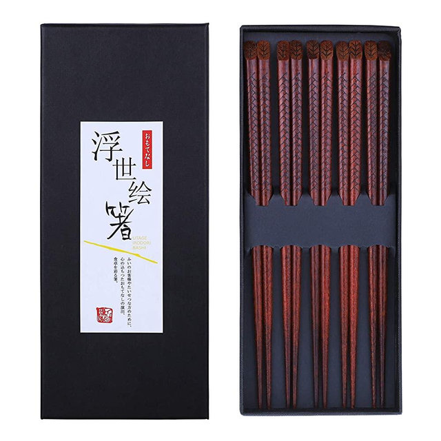 Antner 5 Pairs Hardwood Chopsticks Japanese Style Reusable Hand-Carved Chopsticks Natural Wood Chop Sticks with Gift Box, Dishwasher Safe