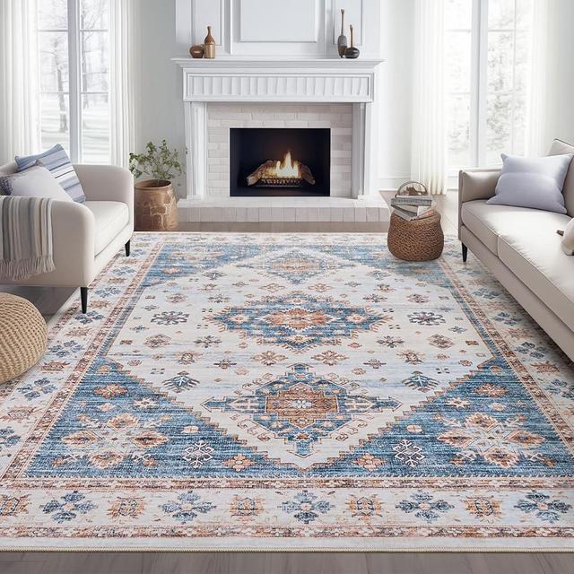 Roxstand Washable Rugs 8x10, Ultra-Thin Non-Slip 8x10 Area Rugs for Living Room, Soft Vintage Large Area Rug, Foldable Farmhouse Bedroom, Dining Room Rug (Blue/Beige, 8'x10')