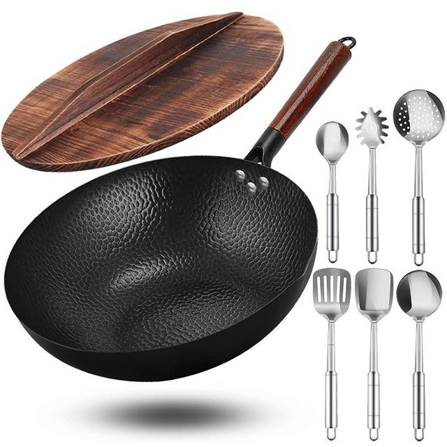 Babyltrl Wok Pan - 13" Woks and Stir Fry Pans, Carbon Steel Wok with Wooden Handle and Lid, 6 Cookware Accessories, Flat Bottom Pan Suits for All Stoves