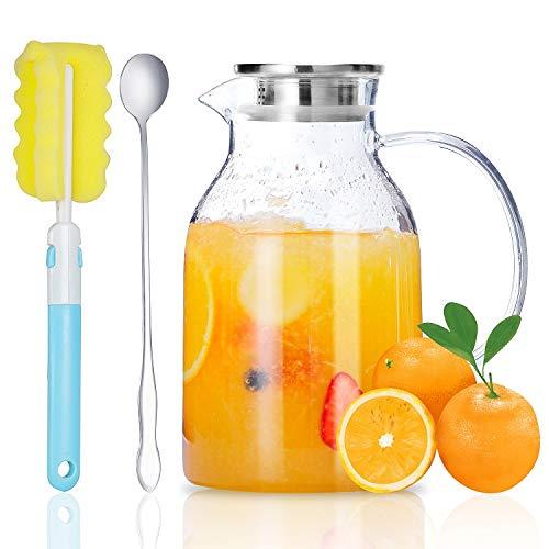 Glass Pitcher, Glass Water Pitcher with Tight Stainless Steel Lid, 68 Ounces, Heat Resistant Borosilicate Glass Carafe, Long Handle Cleaning Brush and Mixing Spoon, Durable and Temperature Safe