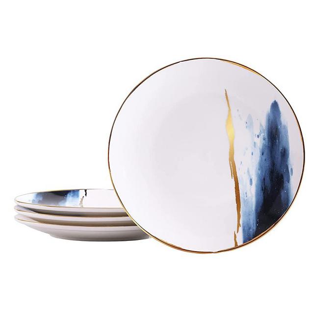 Bico Watercolor Marble Gold Navy Blue Porcelain Dinner Plates, Set of 4, for Pasta, Salad, Maincourse, Microwave & Handwash