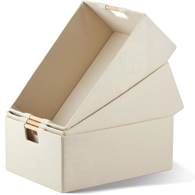 Cinnvoice 3 Pack Fabric Storage Bins for Closet Shelves, Rectangle Wardrobe Organizer with Handle, Collapsible Shelves Storage Basket for Sorting Clothes and Toy (Beige,15 x 10.6 x 6 Inch)