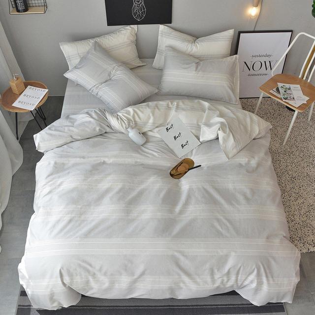 OREISE Duvet Cover Set King Size 100% Cotton White/Light Gray Printed Striped Style Reversible Design 3Piece Bedding Set (1 Duvet Cover + 2 Pillow Shams) with Zipper Closure Soft Breathable Durable