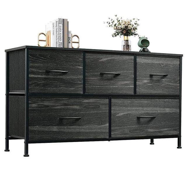 WLIVE Dresser with 5 Drawers, Dressers for Bedroom, Fabric Storage Tower, Hallway, Entryway, Closets, Sturdy Steel Frame, Wood Top, Easy Pull Handle, Grey Oak
