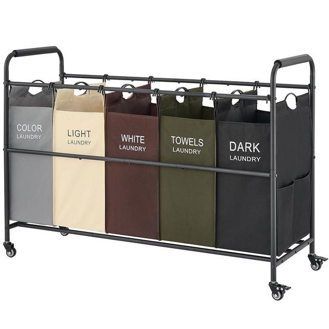 Tajsoon 5 Bag Laundry Sorter Cart, Laundry Hamper Sorter Basket with Heavy Duty Lockable Rolling Wheels for Clothes Storage, 5 Colors