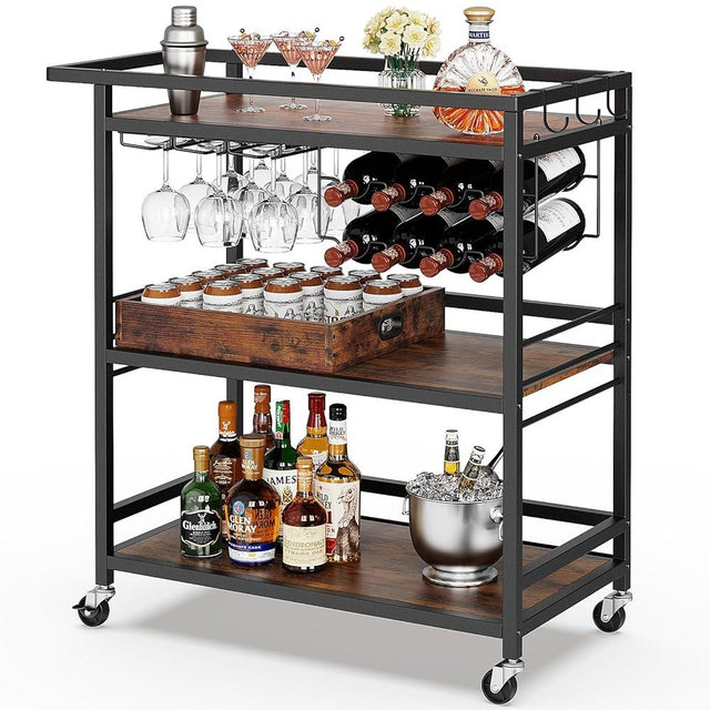 Leteuke Bar Cart for Home, 3 Tier Black Serving Rolling Carts with Wheels, Drink Cart, Liquor Stand with Removable Tray, Wine Rack and Glass Holder for Kitchen, Outdoor, Dining Room-Black Brown
