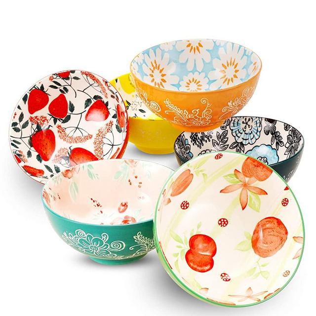 DeeCoo Porcelain Bowls Set (18-Ounce, 6-Piece) - Bowls for Cereal, Soup, Salad, Pasta, Fruit, Ice Cream Bowls Service - Microwave and Dishwasher Safe, Assorted Designs