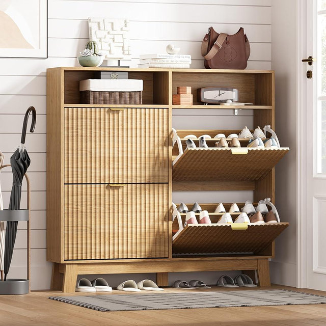 HUANLEGO Shoe Cabinet Storage for Entryway with 4 Flip Drawers, Fluted Narrow Shoe Organizer with Wooden Legs & Top Cubby, Freestanding Slim Shoe Storage Hidden Shoe Rack for Front Door Entrance, Oak