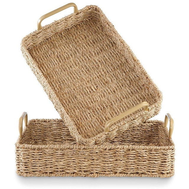Set of 2 Rectangular Seagrass Trays with Handles - Decorative Trays for Coffee Table, Ottoman, Dining Room, Living Room
