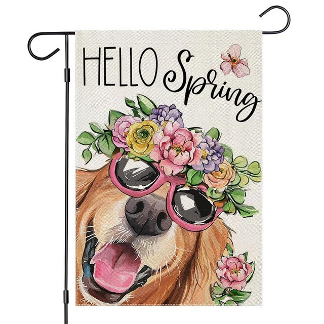 EKOREST Hello Spring Garden Flags for Outside 12x18 Inch Double Sided, Dog with Flowers Hat Small Yard Decoration, Seasonal Summer Anniversary Wedding Decor for Farmhouse Holiday Outdoor