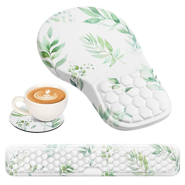 EYROZILL 3 in 1 Ergonomic Mouse Pad and Keyboard Wrist Rest, Cute Mouse Pad with Wrist Support Massage Design, Non-Slip Wrist Pad for Mouse, Desk Mouse Set (Green Plant)