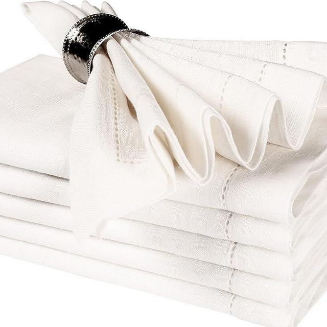 Limecasa,100% Linen Dinner Napkins with Hemstitched 16x16 inch White, Wedding Napkins, Cocktails Napkins, Fabric Cloth Napkins, Cotton Napkins Mitered Corners,100% Linen Napkin Set of 6