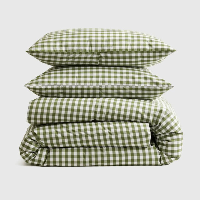 Classic Organic Percale Gingham Duvet Cover Set - Olive, King/Cal King