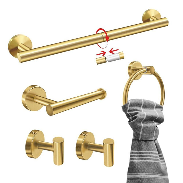 AttoShow 5PCS Brushed Gold Bathroom Accessories Set, Bathroom Hardware Set, Splicing 24 Inch Stainless Steel Bath Towel Bar Set, Gold Bathroom Accessories Wall Mounted