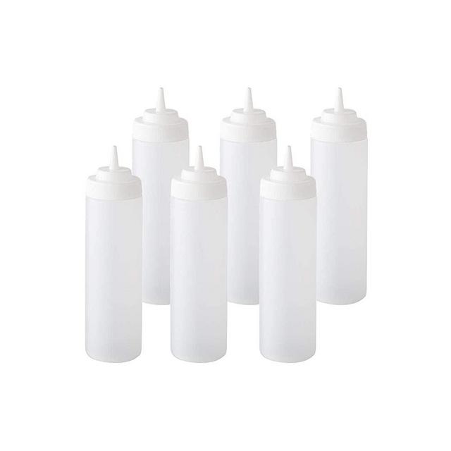 Caspian 6-Pack White Plastic Translucency Sauce Squeeze Condiment Bottles for Kitchen, Outdoor or Bar Use (24oz Wide-mouth)