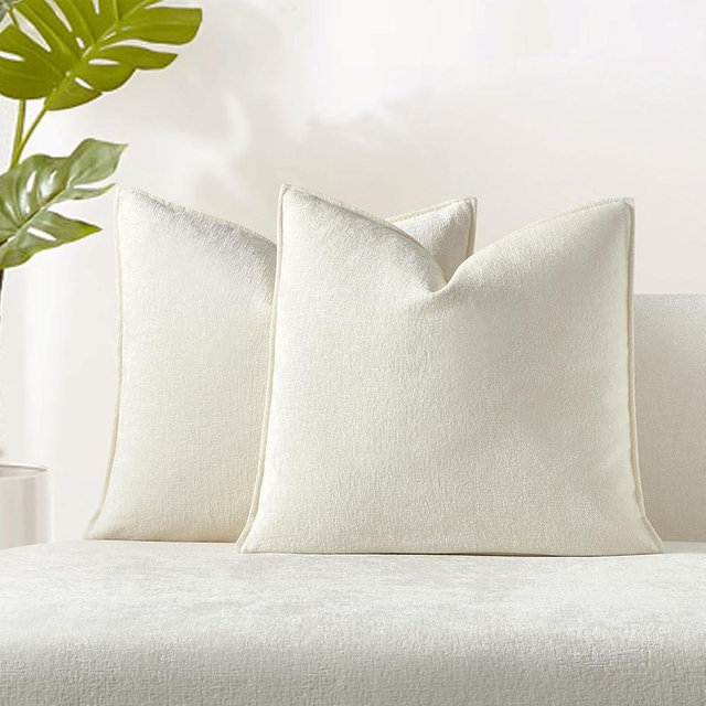 JUSPURBET 18x18 Throw Pillow Covers Set of 2 Decorative Pillow Covers for Couch Sofa Bed Cozy Chenille Cushion Covers Cases with Invisible Zipper for Living Room Home Decor,Cream