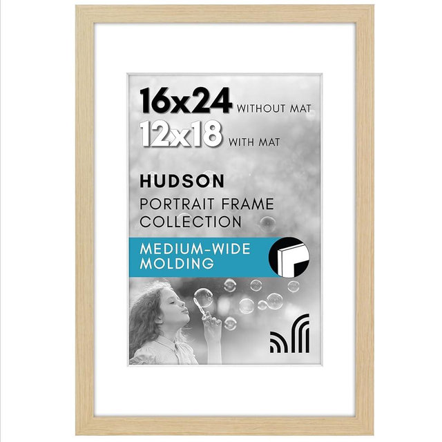 Americanflat 16x24 Poster Frame with Polished Plexiglass - Use as 12x18 Frame with Mat or Display 16x24 Photo Without Mat - Hudson Collection - Wide Picture Frames for Wall Display - Natural Oak