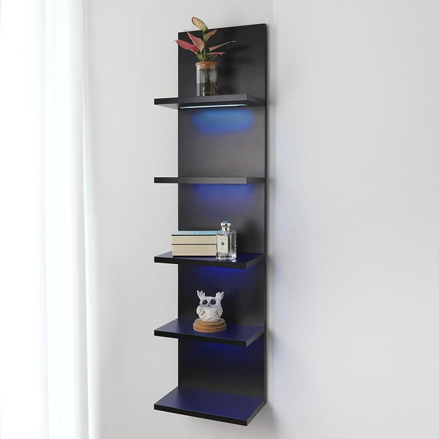 AskTag 5 Tier Wall Shelf Unit, RGB Lack Shelf, Vanity Shelves with Light,Black Shelves for Room,Office,Bathroom,Remote Control