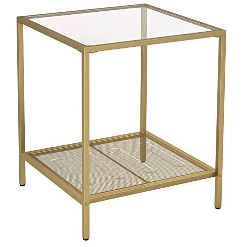 VASAGLE Side Table, 2-Tier End Table, Accent Table with Tempered Glass Top and Mesh Shelf, Stable Steel Frame, for Living Room Bedroom, Gold and Transparent Color ULGT030A01