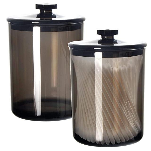 Youngever 2 Pack 15 Ounce Black Plastic Apothecary Jars, Qtip Holder, Cotton Swab Holder, Bathroom Vanity Organizer for Cotton Balls, Cotton Pads, Qtips