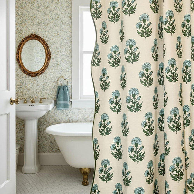 Block Print Shower Curtain Blue and White Shower Curtain Set Linen Textured with 12 Hooks Vintage Floral Grandmillennial Bathroom Decor for Vintage Farmhouse Frenchy Bathroom (72''W x 72''L)