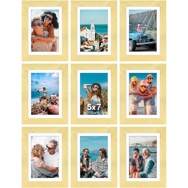 Vittanly 5x7 Picture Frames Set of 9, Shatter Resistant Plexiglass, Display 4x6 Pictures with Mat or 5x7 without Mat, Photo Frames for Wall or Tabletop, Engineered Wood, Gold