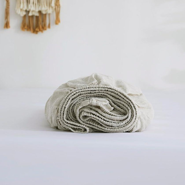 AORISSI 100% Linen Fitted Sheet King(1 Piece), 15 Inch Deep Pocket Mattress Cover French Flax Stone Washed Farmhouse Soft Breathable Bottom Sheets(Natural Linen, King)