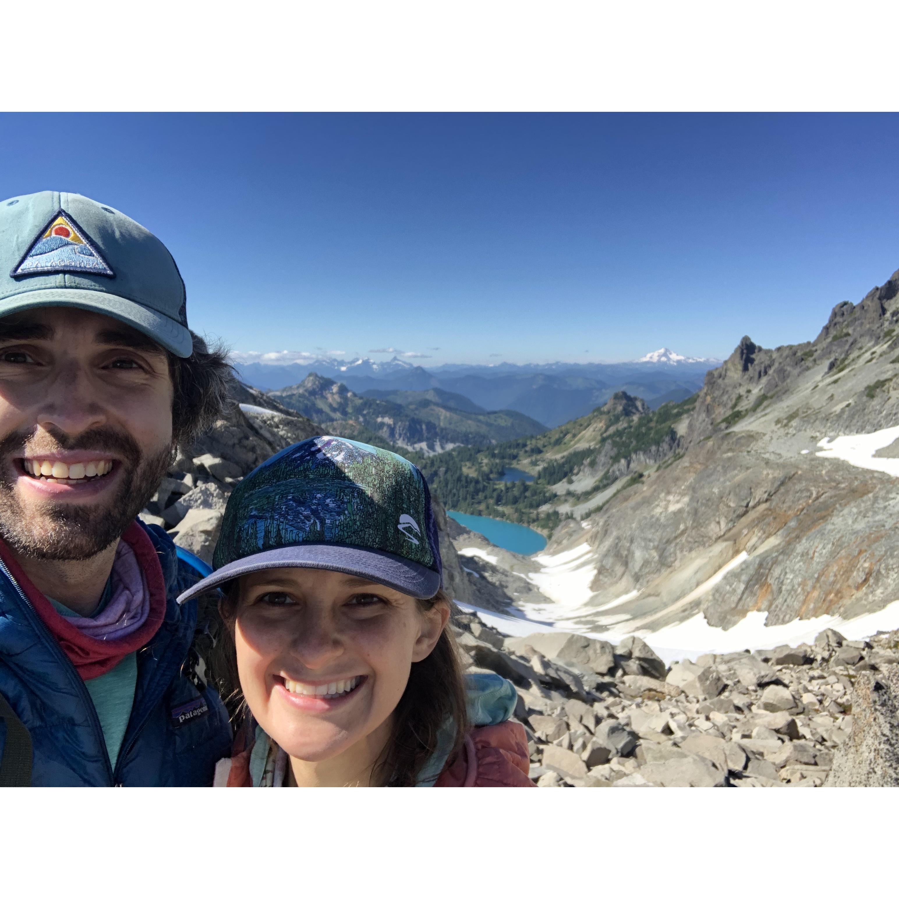 At the top of Dip-Top Gap above Jade Lake in the Alpine Lakes Wilderness