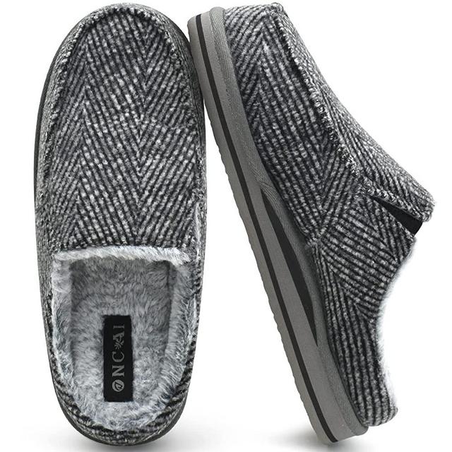 ONCAI Mens Clog Slippers with Arch Support Stripe Faux Fur Cotton-Blend High-Density Memory Foam Warm House Slippers Slip-on Indoor Outdoor Rubber Sole Size 7-14