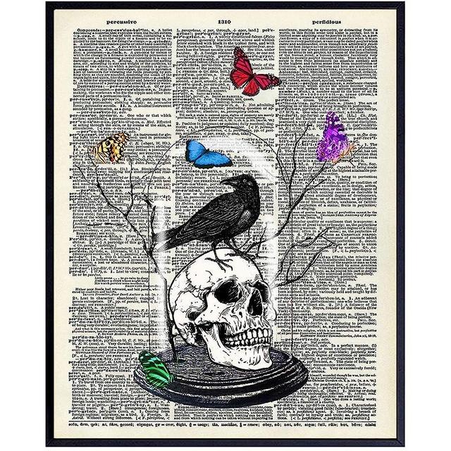 Gothic Skull Wall Art Home Decor - Edgar Allan Poe The Raven Decor with Butterflies - Gift for Goth, Wicca, Wiccan, Witchcraft, Occult Fan - Creepy Medieval Picture Print for Bedroom, Living Room