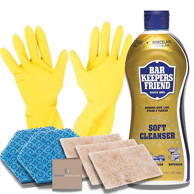 Empire Mercante Bar Keepers Soft Cleanser Stainless Steel Cleaner Bundle , Non-Scratch Scrub, Sponge, Geloves, and Cleaning Guide (8-Pack), Great For Cooktop Sink Pan Rust Cookware Stain
