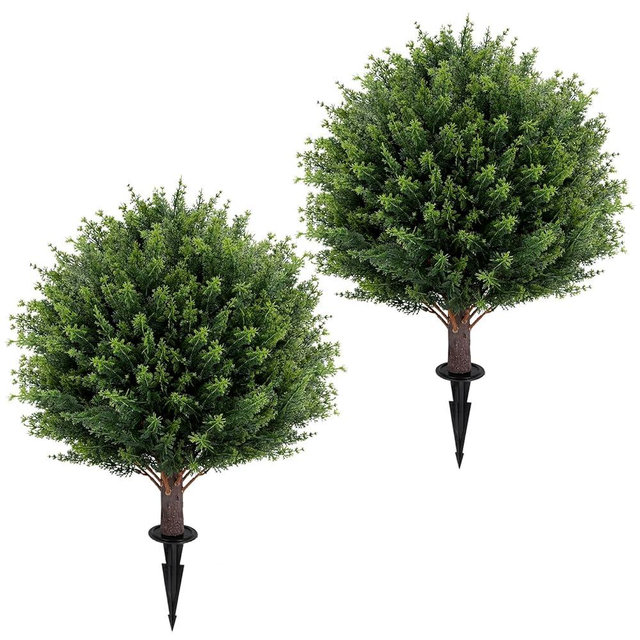 Artificial Cedar Topiary Ball Tree 23" with Ground Spike, Set of 2 Artificial Boxwood Bushes for Faux Shrubs, Fake Evergreen Faux Plant for Indoor Outdoor Porch Garden- UV Resistant – Fade-Proof