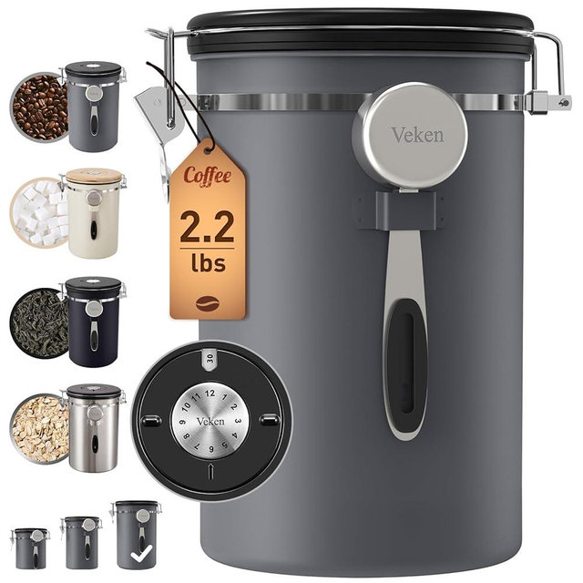 Veken Coffee Canister, 39OZ Large, Airtight Stainless Steel Food Storage Container for 2.2lbs Coffee Beans, Ground, Sugar, Tea, Flour, Cereal, Kitchen Bar Accessories with Date Tracker & Scoop, Gray