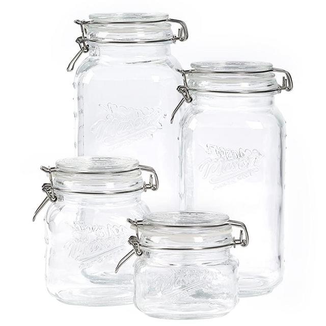 Mason Craft & More Airtight Kitchen Food Storage Clear Glass Clamp Jars, 4 Piece Clamp Preserving Jar Set (.5L, 1L, 2L, and 3L)