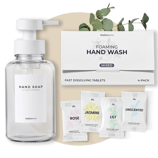 MaisoNovo 14 oz Clear Glass Foaming Soap Dispenser with White Pump + Mixed 4 Pack Foaming Hand Soap Refill Tablets