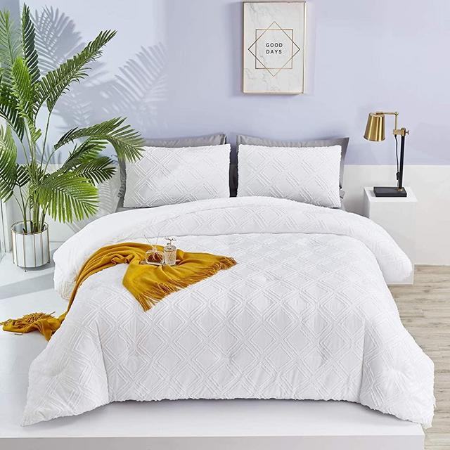 Houseri White Jacquard Comforter Set Queen Boho Tufted Embroidery Comforter Bedding Full Shabby Chic Bedding Sets All White Bedding Sets Women Men Boys Girls Plain White Farmhouse Bedding Quilt Queen