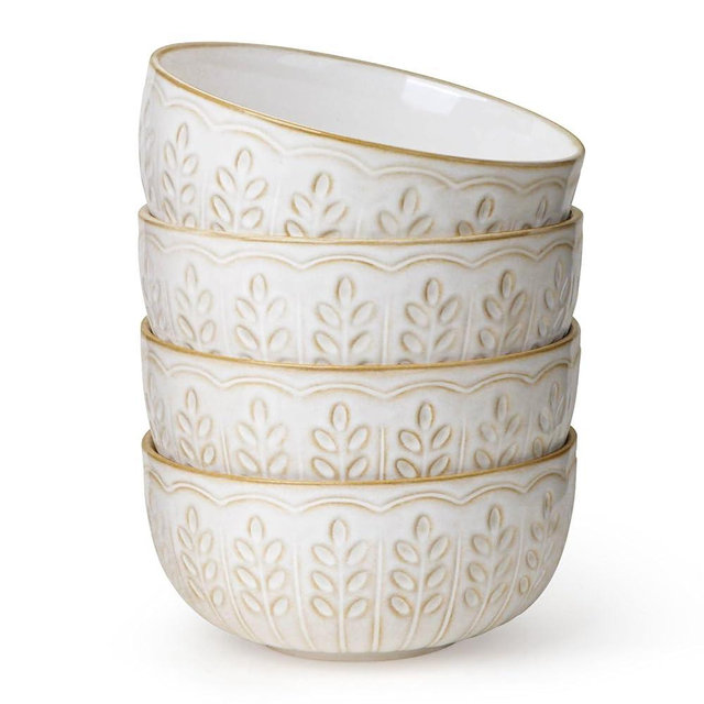 Artena Soup Bowls 32 OZ, Cereal Bowls Set of 4, Embossment Ceramic Ramen Bowls, 6.3 Inch White Salad Bowls, Large Dinner Bowls for Pho, Noodle, Pasta, Snacks, Dishwasher Microwave Safe, Wheat Leaf