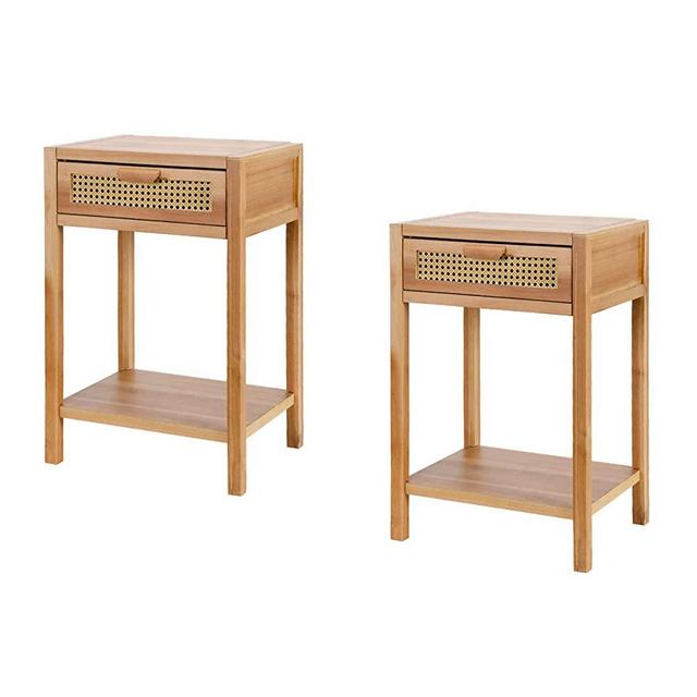 COZAYH Set of 2 Modern Minimalism Nightstand End Table Side Table with Woven Pattern Drawer and Shelf Storage, Rustic Farmhouse Style, Natural