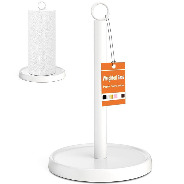 White Paper Towel Holder Countertop, White Kitchen Accessories Decor, Stainless Steel, Paper Towel Holder Stand for Bathroom Farmhouse Essentials, Weighted Base, Anti-Slip