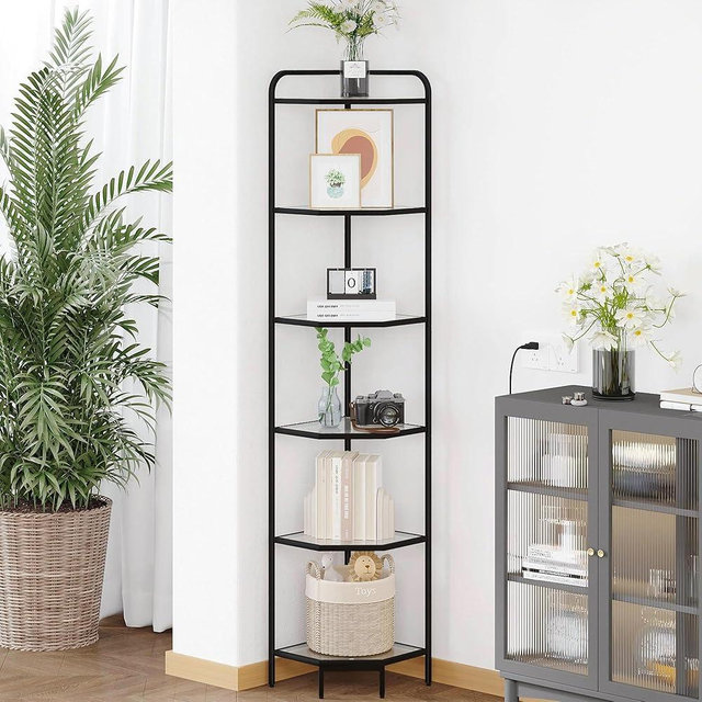 Hzuaneri Corner Shelf Stand, Glass Bookshelf Bookcase, Bathroom Organizer, Plant Stand, Steel Frame, Tempered Glass, Modern Style for Living Room, Bathroom, Kitchen, 6-Tier Black CS90600B