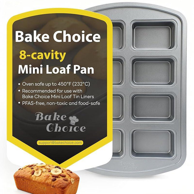 Bake Choice Mini Loaf Pan, 8-Cavity Non-Stick Carbon Steel Baking Pans Set for Banana Bread, Cornbread, Cheesecake, Muffins, Pound Cake, Small Meatloaf, Bread Pan