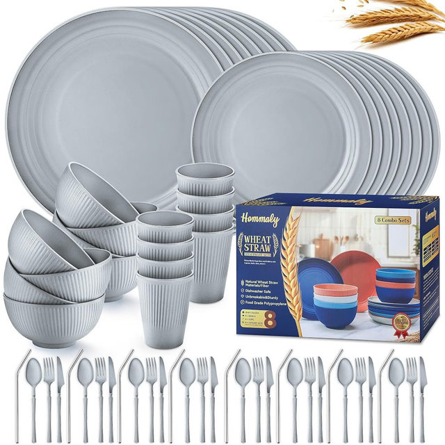 Wheat Straw Dinnerware Sets,64-Piece Plates and Bowls Sets for 8-Unbreakable,Reusable Plastic Dish Set-Dinner Plate/Dessert Plate/Cereal Bowl/Cup/Utensils-Microwavable Dishwasher Safe 64P-Gray