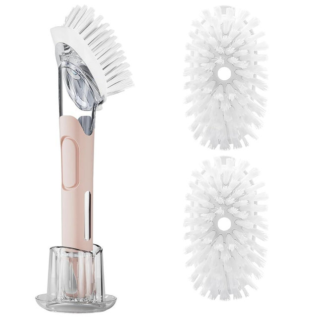 Soap Dispensing Replacement Dish Brush Storage Set with 2 PCS Brush Refills & Holder - RIMAY Dispenser Scrub Cleaning Scrubber Kitchen Dishwashing Dish Wand Handle for Dishes/Pans/Pots/Sink(Pink)