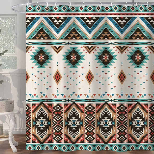 Aztec Shower Curtain,Southwestern Native Tribal Navajo American Ethnic Pattern Western Boho Fabric Bath Curtains, Triangular Geometric Vintage Fabric Bathroom Decor Set with Hooks,72X72 Beige