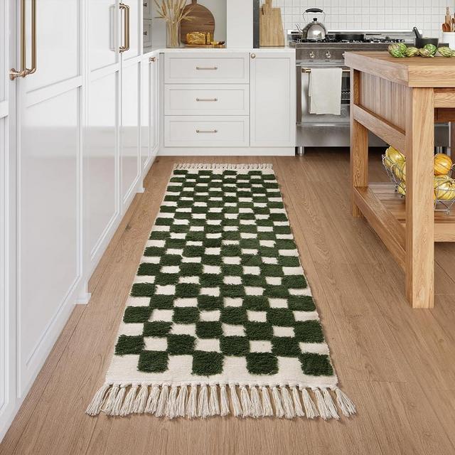 Lanffia Boho Kitchen Runner Rug 2x6, Olive Green Checkered Rug for entryway Washable Tufted Rug with Tassels Indoor Farmhouse Floor Carpet for Kitchen Laundry Room Doorway Bedroom Living Room