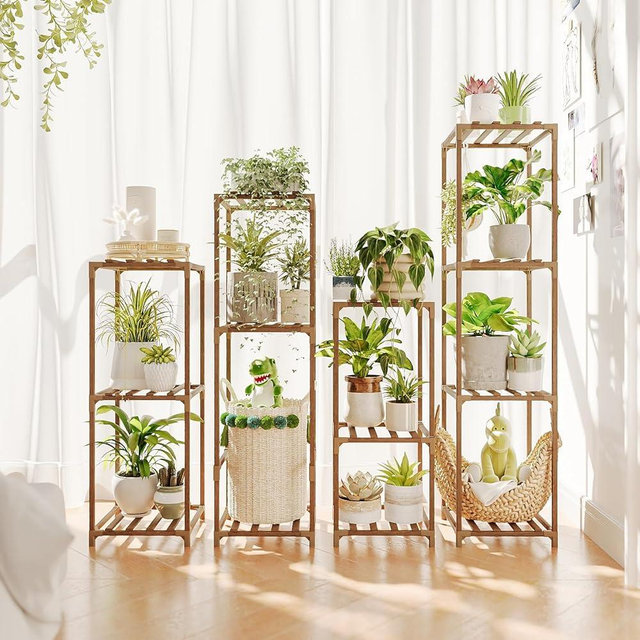 Bamworld 4 Sets Tall Plant Stands Indoor Outdoor Combo Plant Shelves Wooden Plant Holder Rack for Multiple Plants Flower Stands for Living Room Balcony Garden Patio Lawn Window