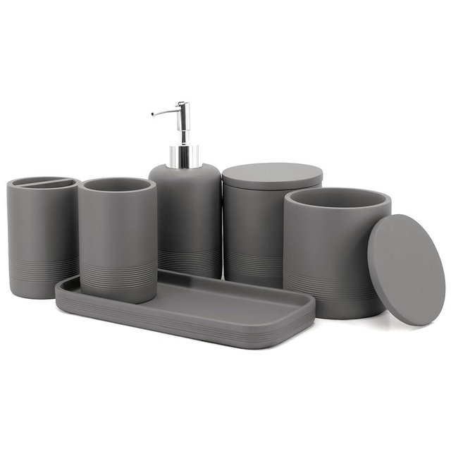 ZCCZ Gray Bathroom Accessories Set 6 Pieces - Toothbrush Holder, Lotion Dispenser, Qtip Container, Vanity Tray, Tumbler - Countertop Organizer for Bathrooms - Elegant and Functional Décor Set
