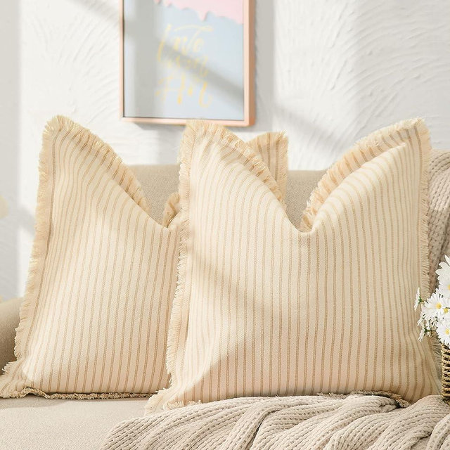 ZWJD Throw Pillow Covers 22x22 Set of 2 Striped Pillow Covers with Fringe Chic Cotton Decorative Pillows Square Cushion Covers for Sofa Couch Bed Living Room Farmhouse Decor